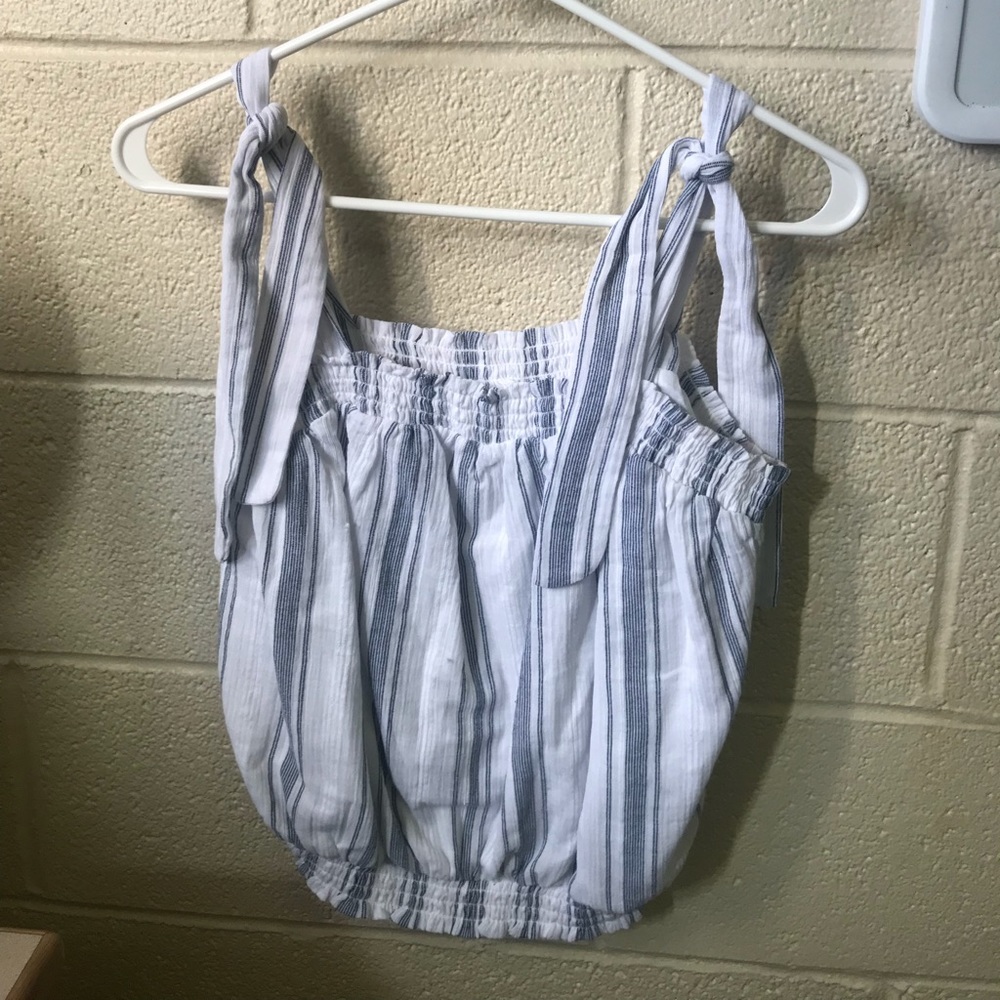 White and blue striped ruffle top w tie straps